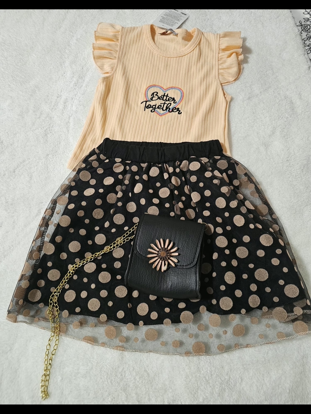 Girls Peach Ruffled Top & Black Polka Dot Skirt Matching Set